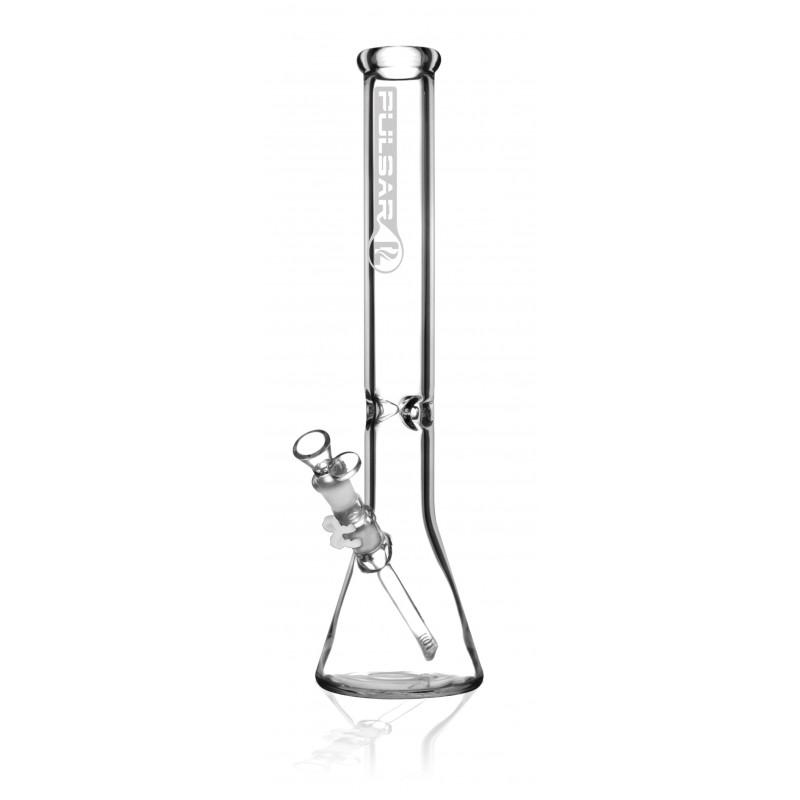 Clear glass water pipe with a brand logo on a white background