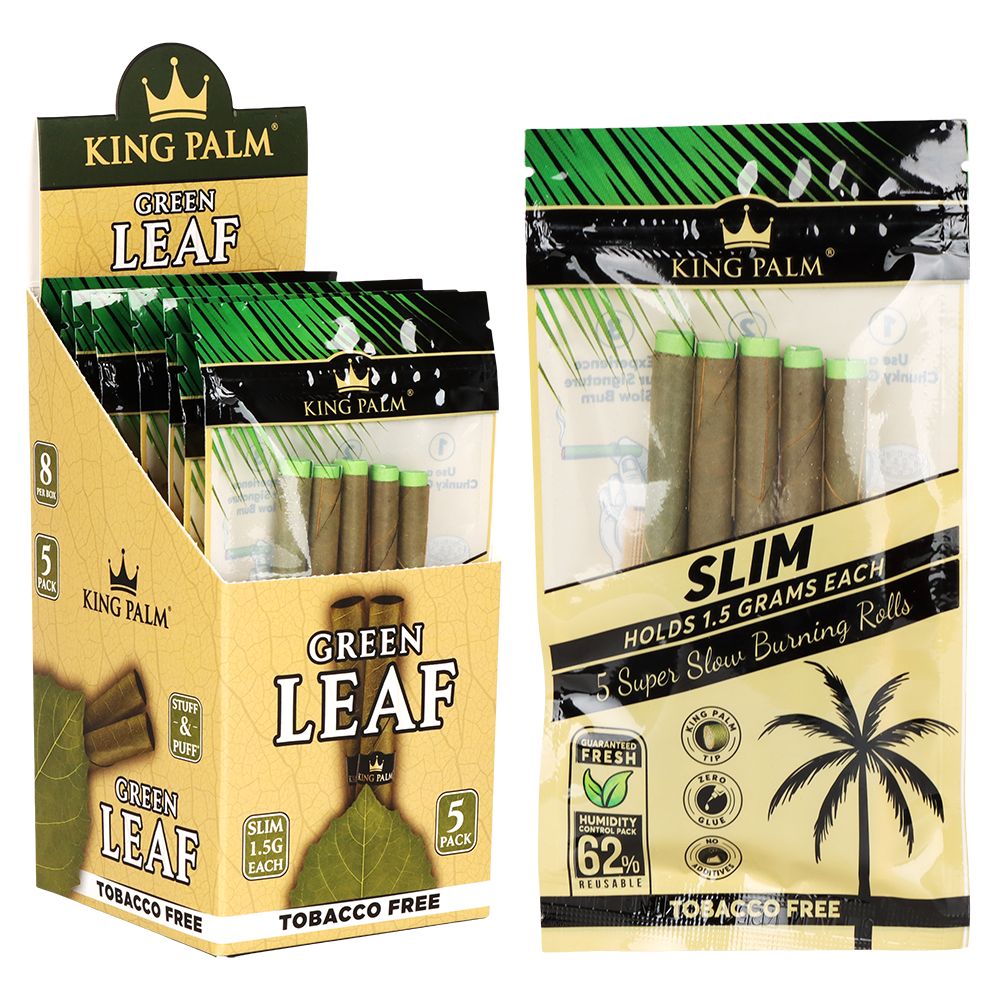 8CT Display - King Palm Green Leaf Pre-Roll Wraps - 5pc / Slim