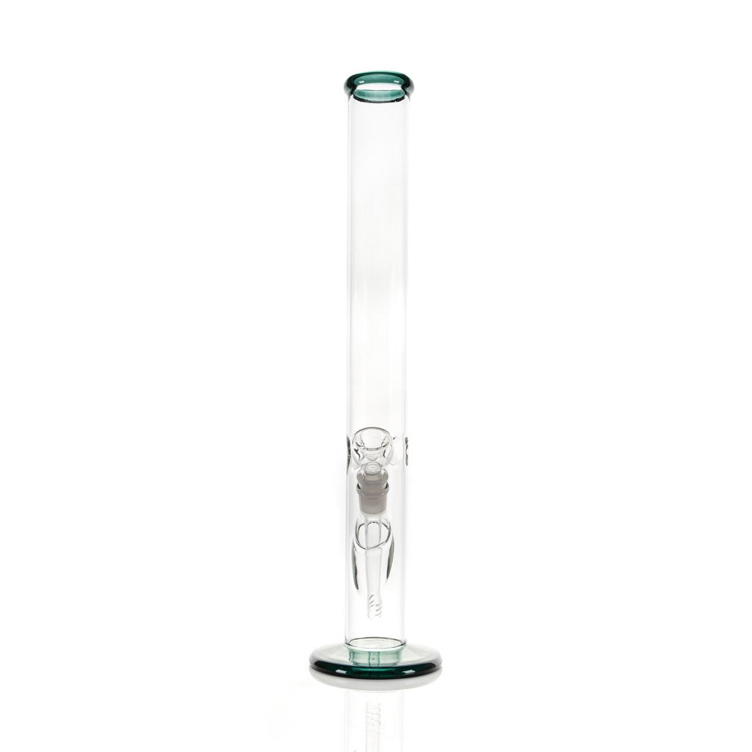 Clear glass water pipe with a central chamber on a white background