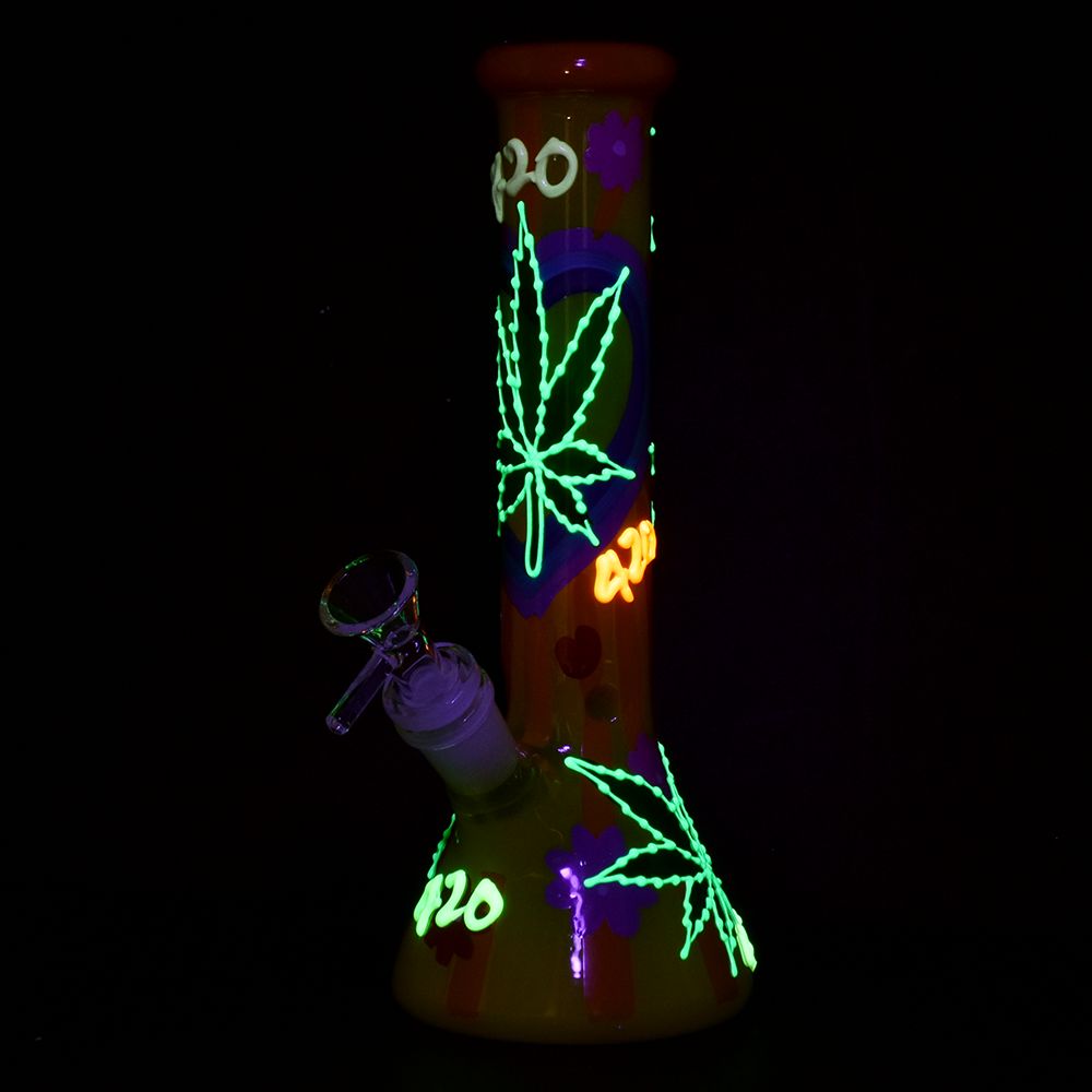 Hemp Leaf Glow In The Dark Beaker Glass Bong - 9.25"