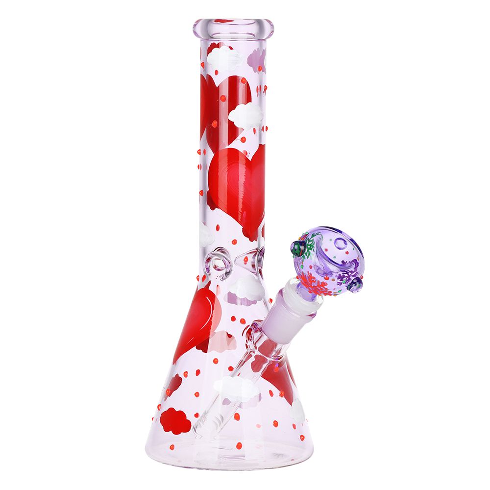 Glass smoking device with red and white design on a white background