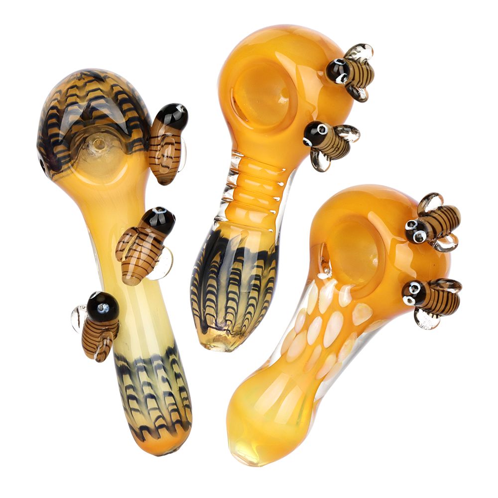 3CT Bundle - Busy Bumble Bee Glass Spoon Pipes - 4"- 5" / Assorted Colors and Styles
