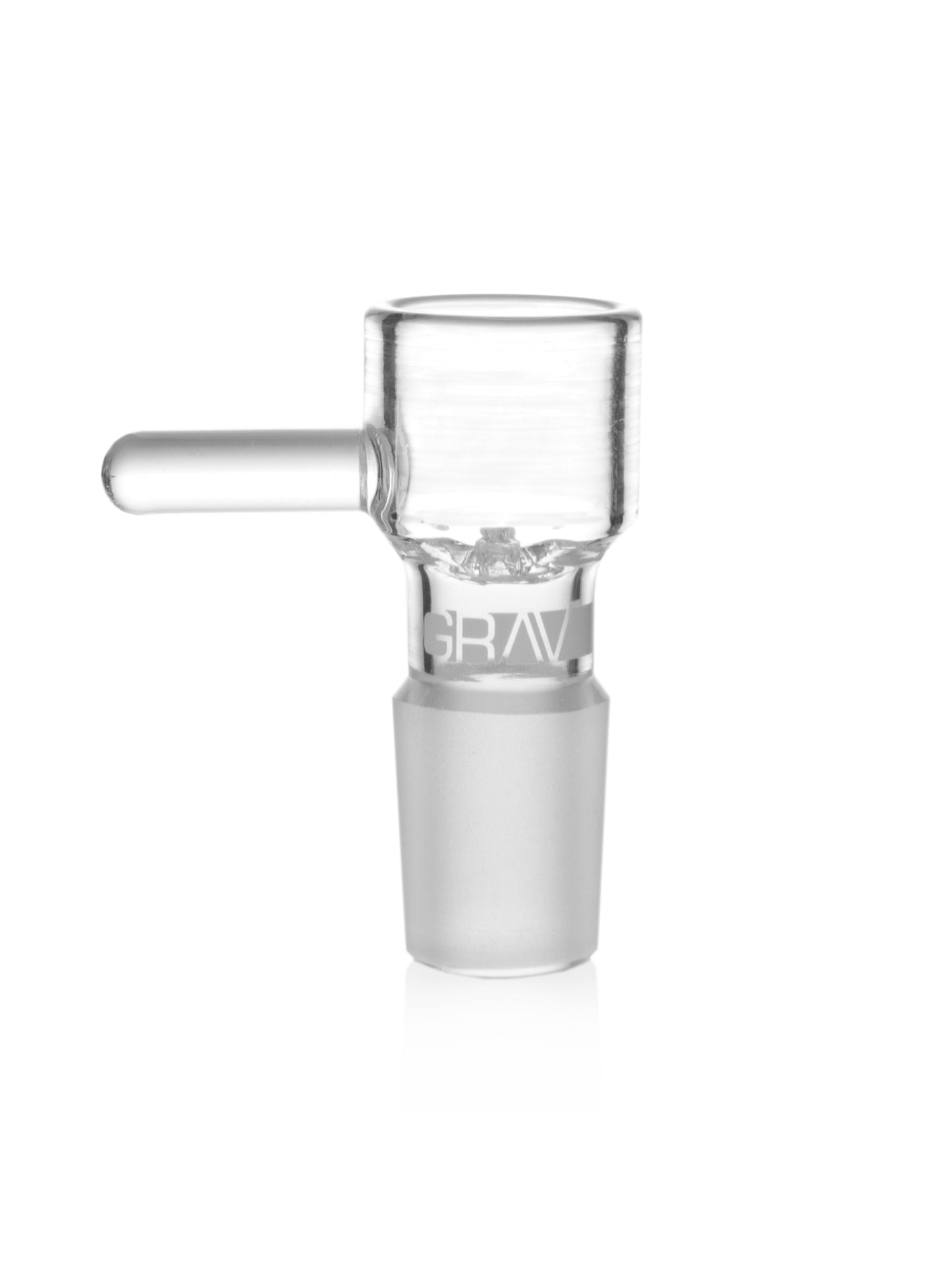 Clear glass smoking accessory with 'Grav' branding on a white background