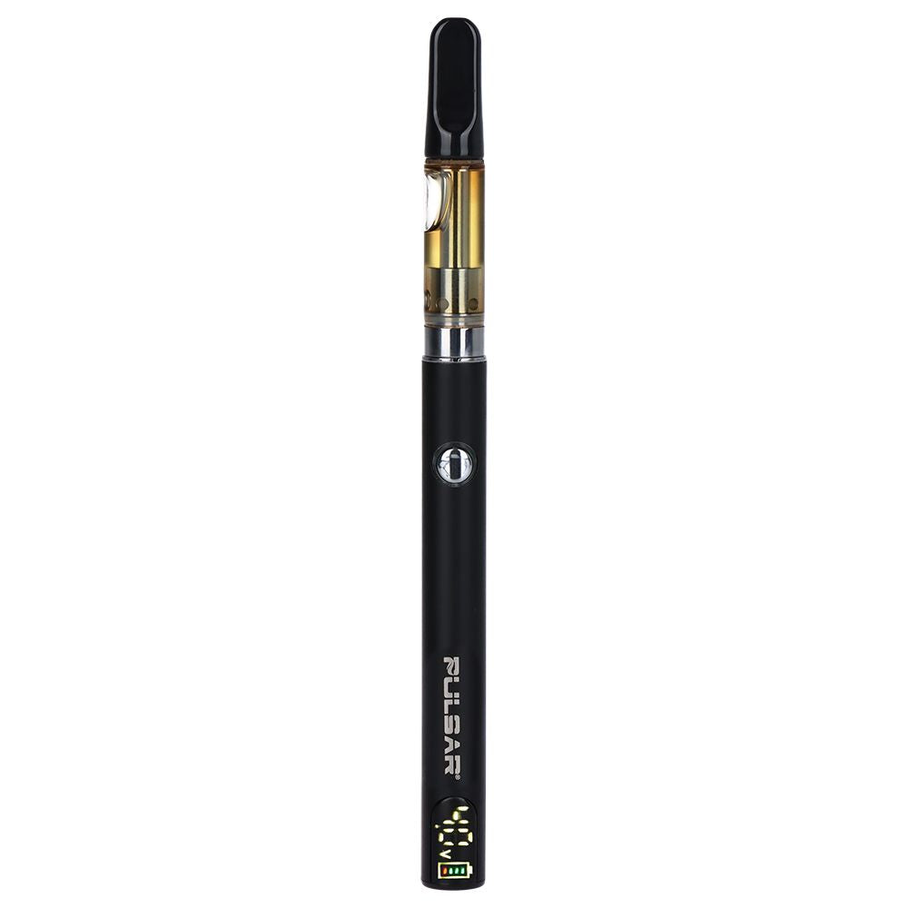 Black electronic cigarette with gold accents on a white background