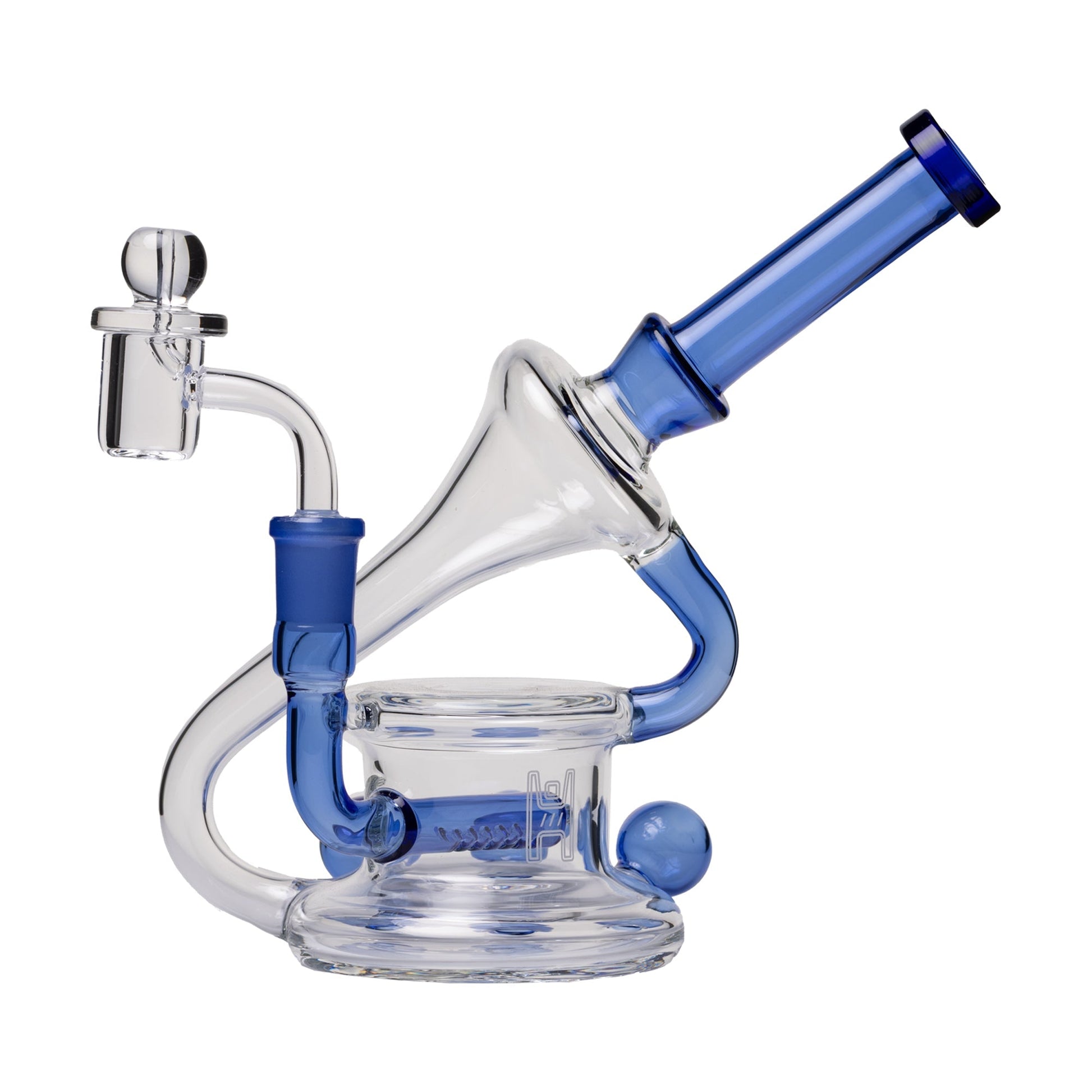 Clear glass water pipe with blue accents on a white background