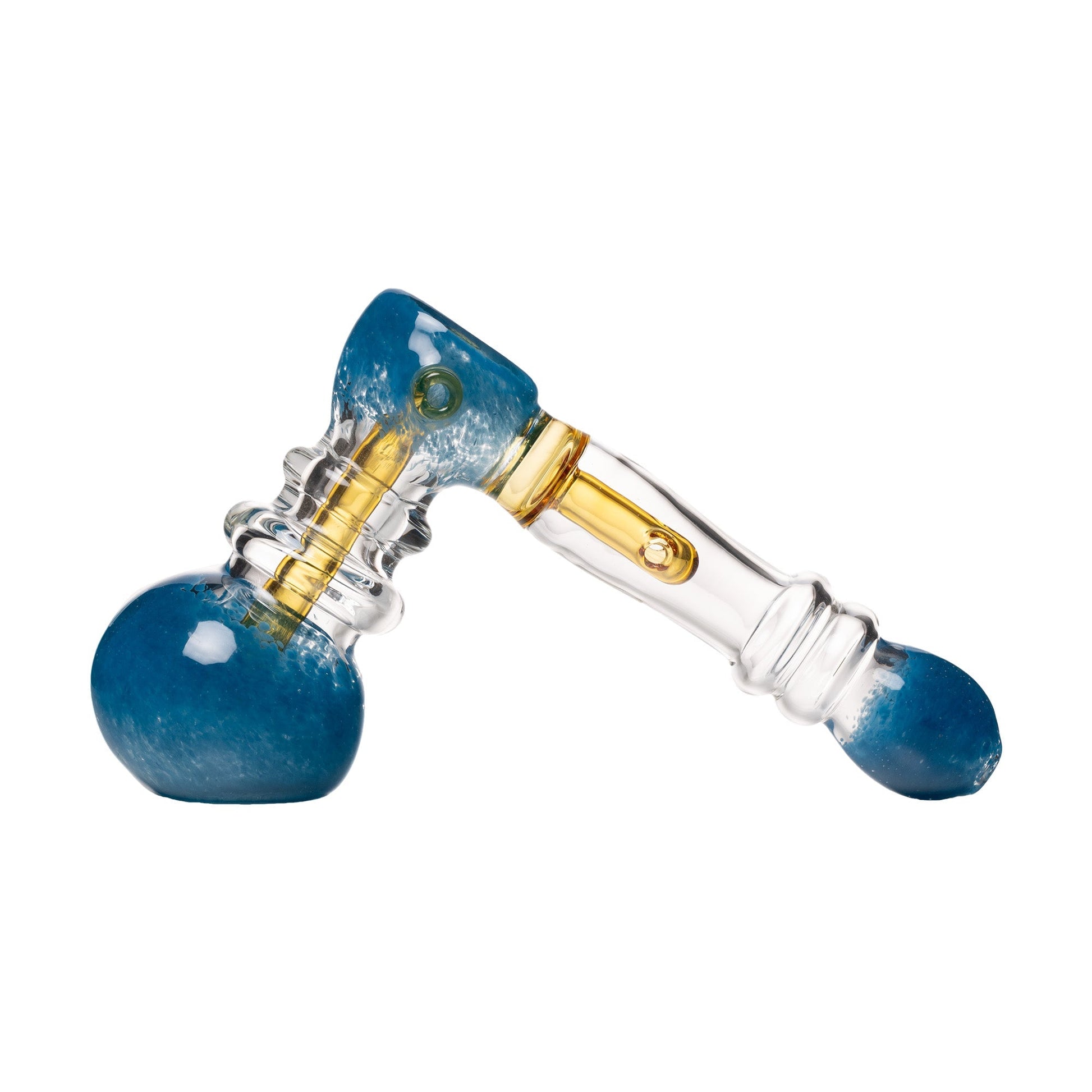 Glass smoking accessory with blue and gold components on a white background