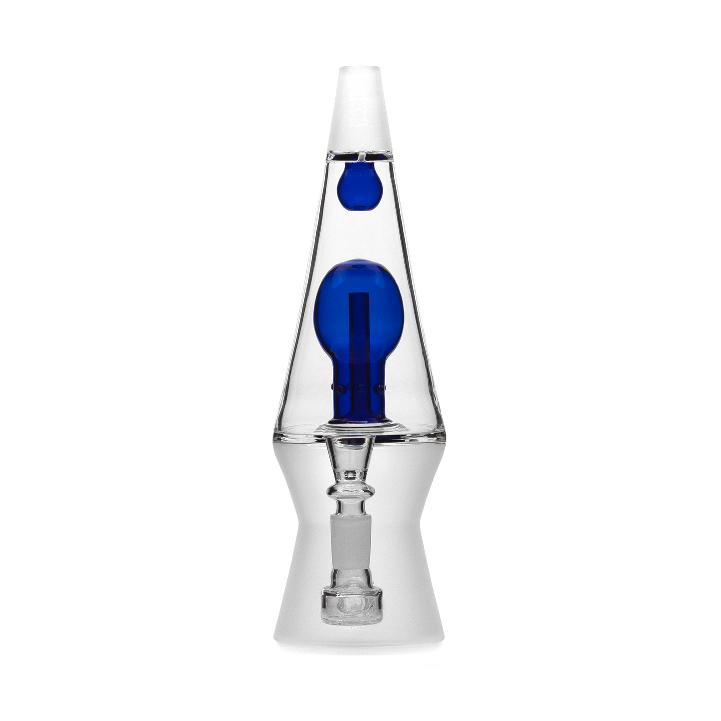 Lava lamp with blue liquid and white top on a white background