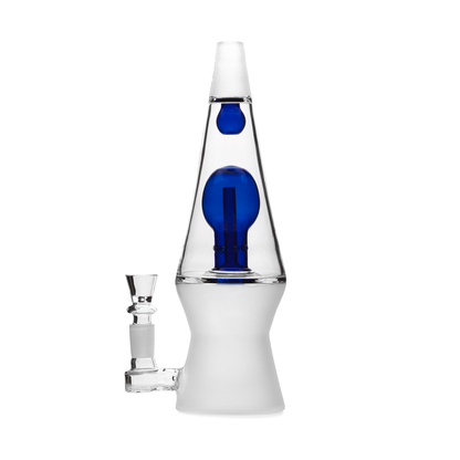 Lava lamp with blue interior and white base on a white background