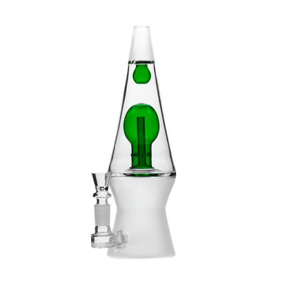 Glass bong with green liquid and clear container on a white background