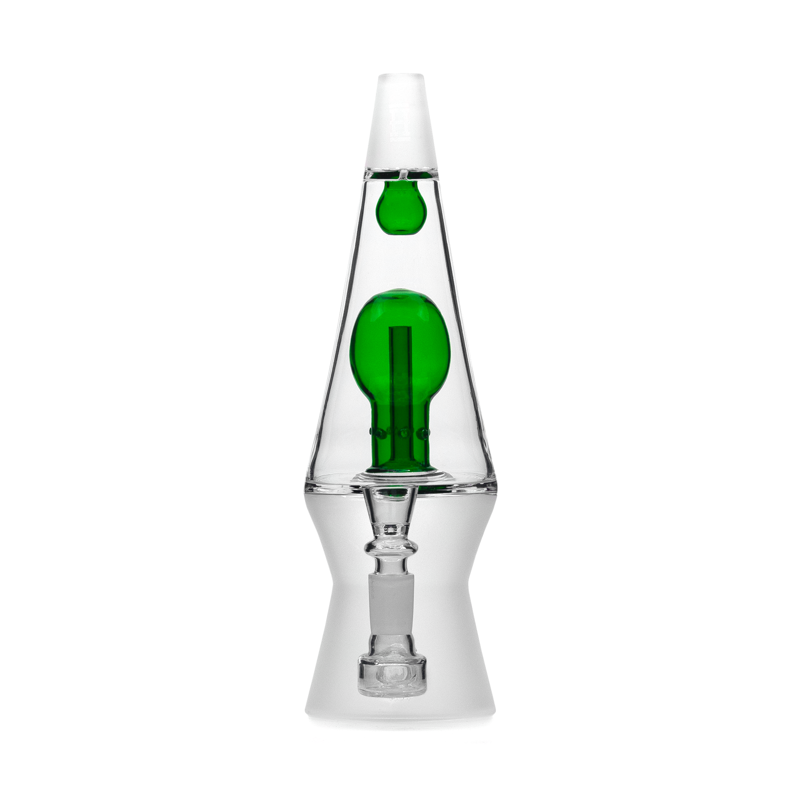 Lava lamp with green liquid and clear base on a white background
