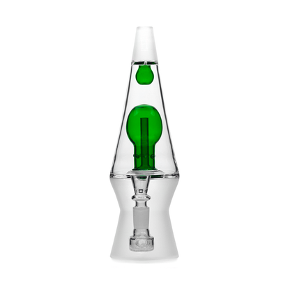 Lava lamp with green liquid and clear base on a white background