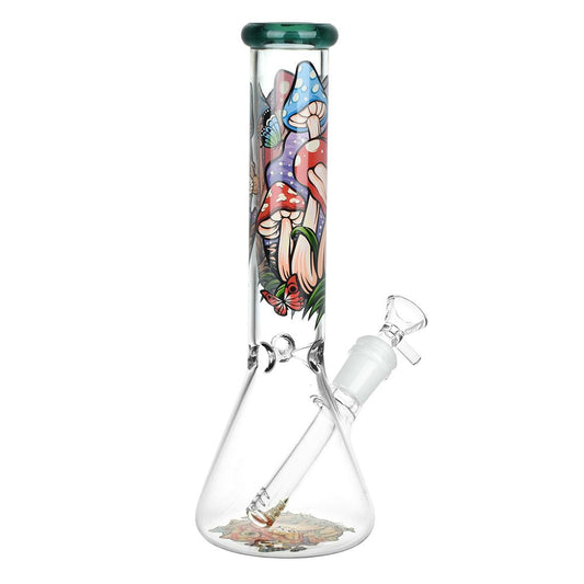Eye Of The Shroom Beaker Glass Water Pipe - 10" / 14mm F / Colors Vary