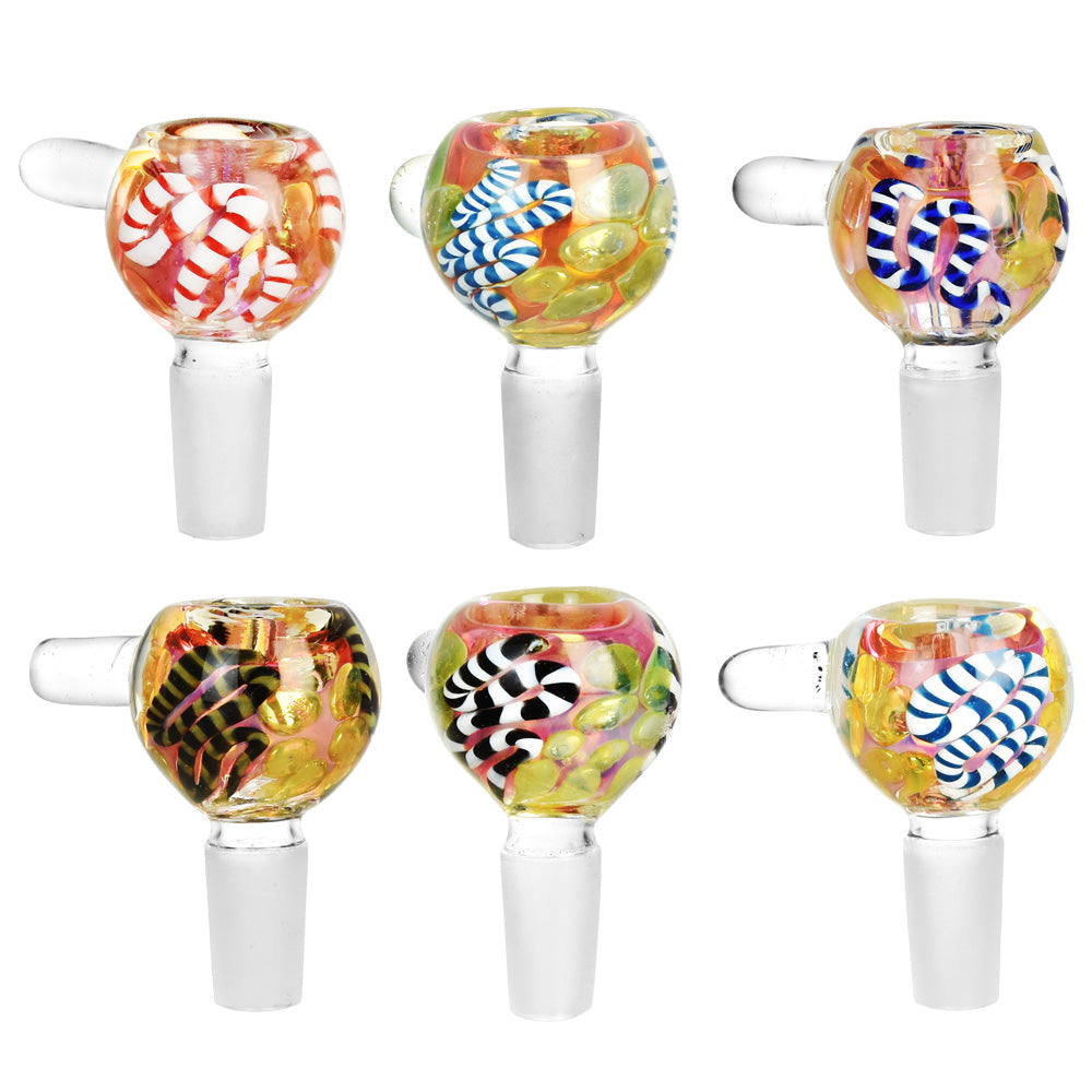 Set of six colorful glass smoking accessories on a white background