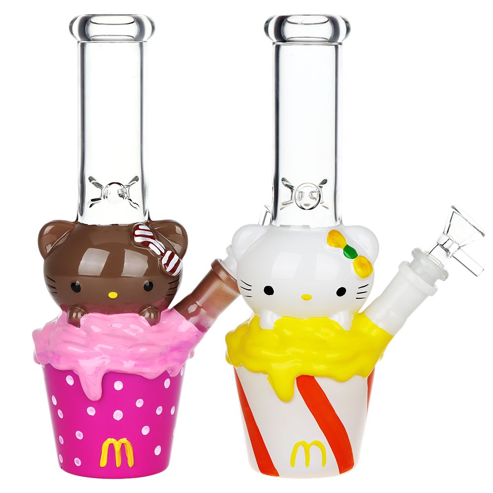 2CT Bundle - Cute Kitty Ice Cream Treat Glass Water Pipe - 9.75" / 14mm F / Assorted Colors