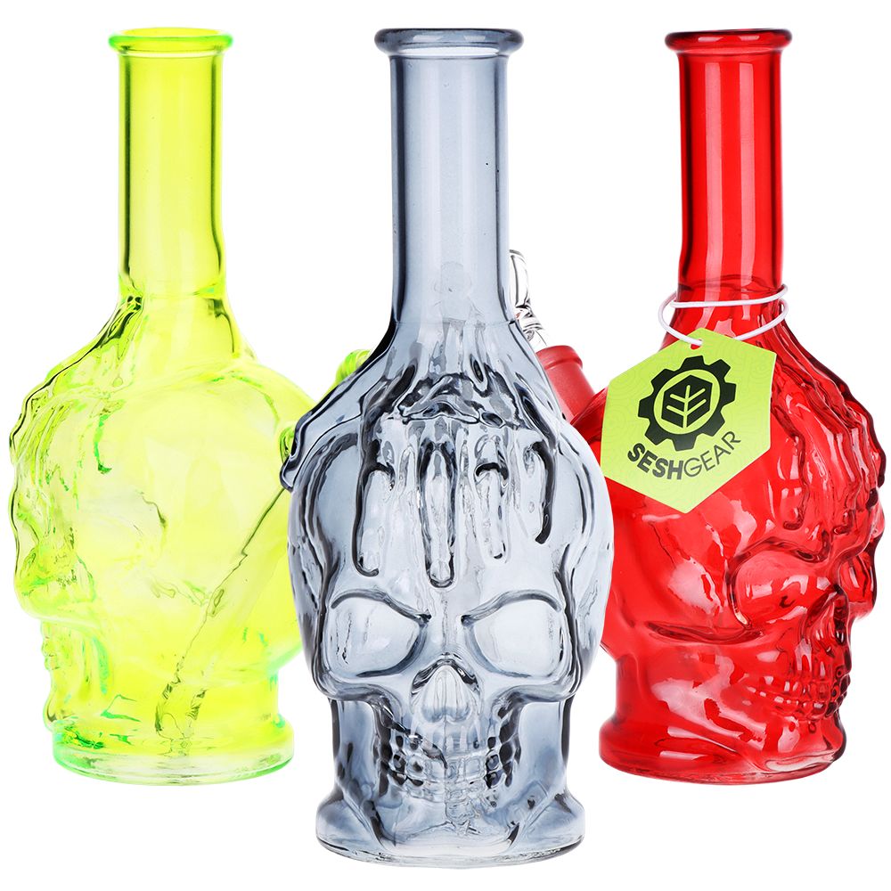 SeshGear Drippy Skullz Glass Water Pipe - 7" / 14mm F / Assorted Colors 3ct