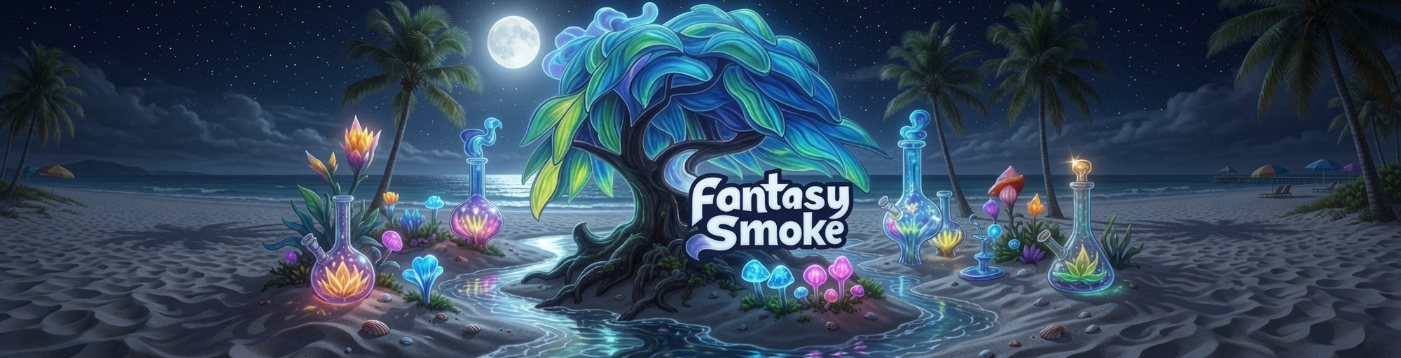 Fantasy beach scene artwork with a glowing blue tree, moonlit night sky, palm trees, colorful flowers, and the title text 'Fantasy Smoke' in the center.