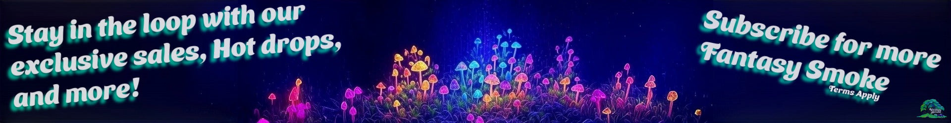 Promotional banner with colorful lights and text encouraging subscription for fantasy smoke products.