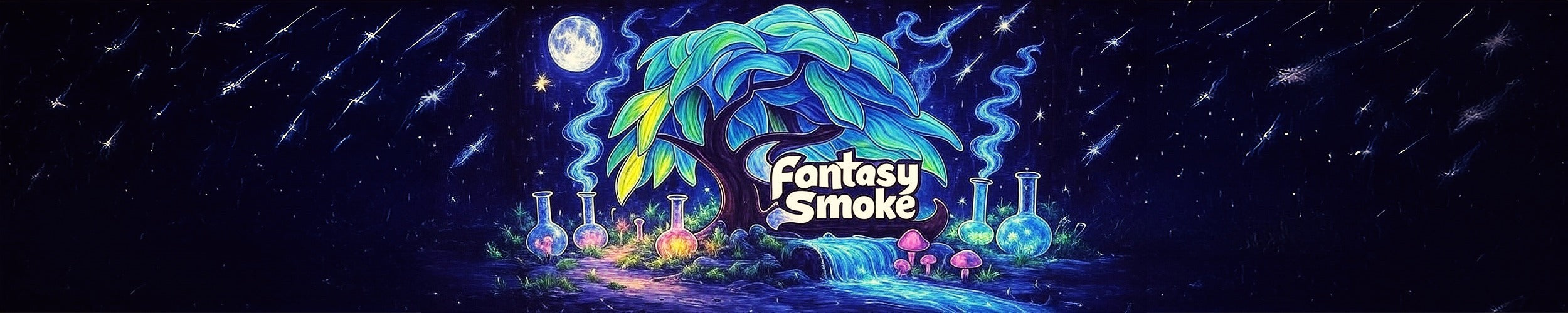 Online Smoke Shop logo with a mystical tree and potion bottles on a dark background