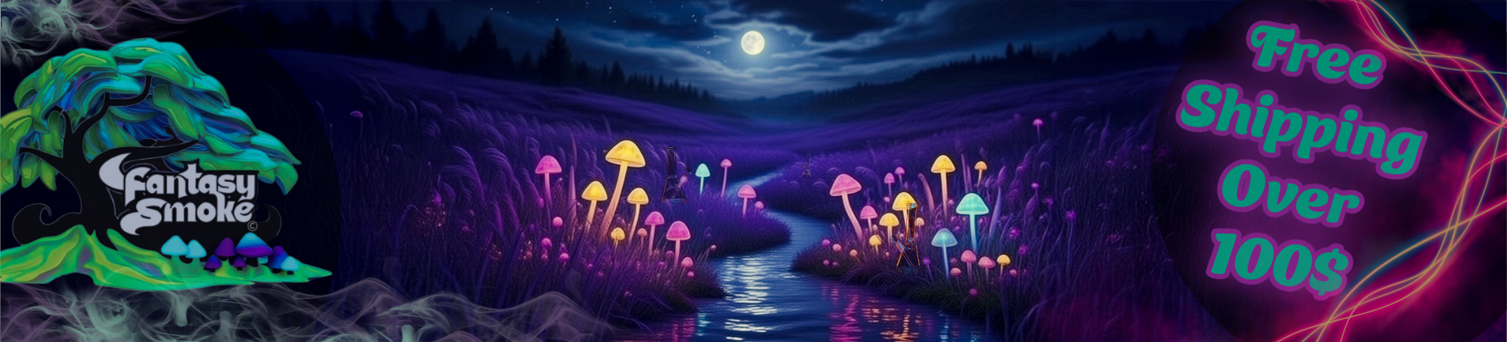 Fantasy Smoke banner with mushrooms, a river, and a moonlit sky.
