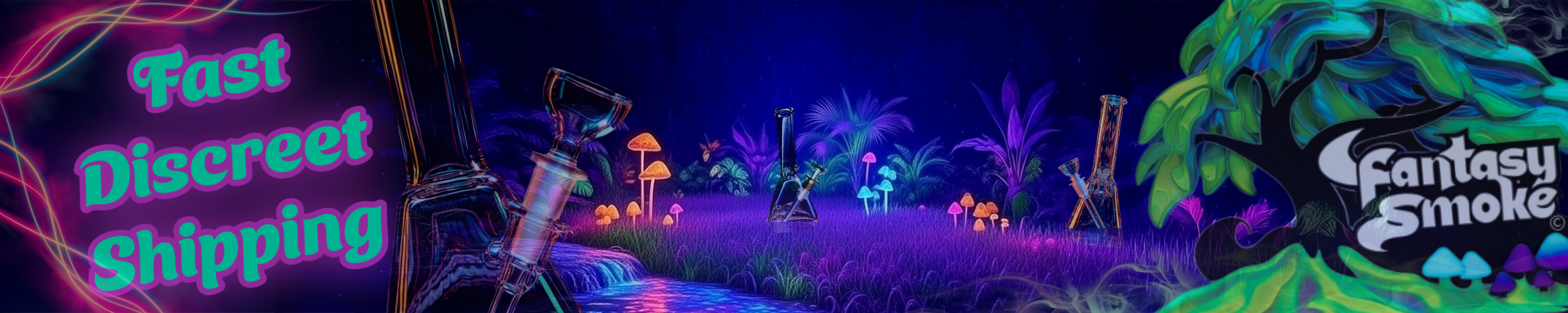Neon sign with 'Fast Discreet Shipping' and 'Fantasy Smoke' branding in a colorful, cartoon-like setting.