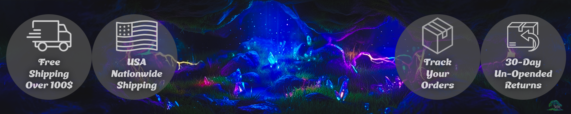 Promotional graphic with icons and text about shipping, tracking, and returns on a dark background.