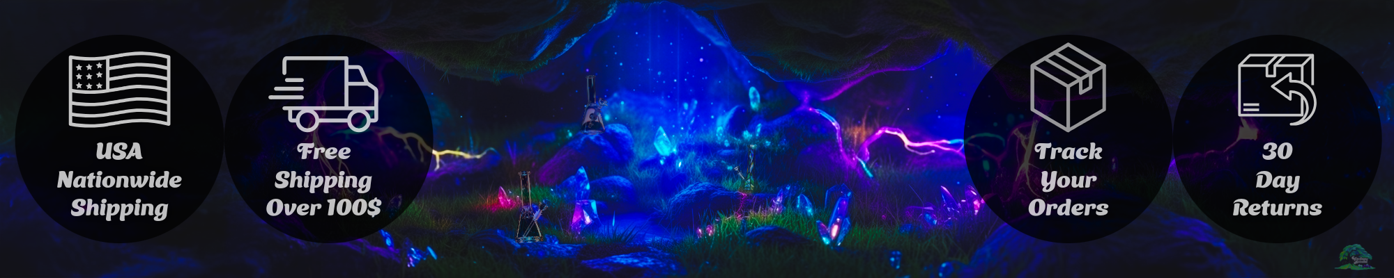 Promotional graphic with icons and text about shipping, tracking, and returns on a dark background.