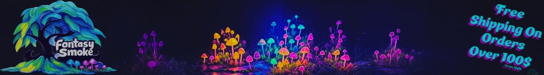 Colorful mushroom-shaped products with 'Fantasy Smoke' branding on a dark background.