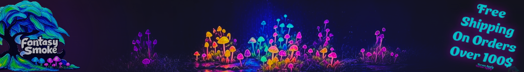 Colorful mushroom decorations with 'Fantasy Smoke' branding on a dark background