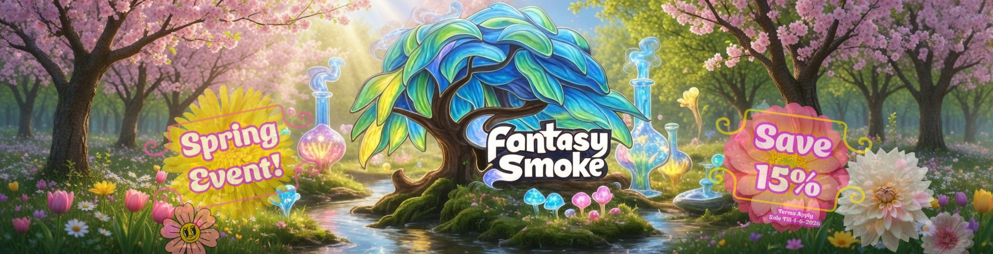 Fantasy Smoke Spring Event banner with trees, flowers, and a blue tree.