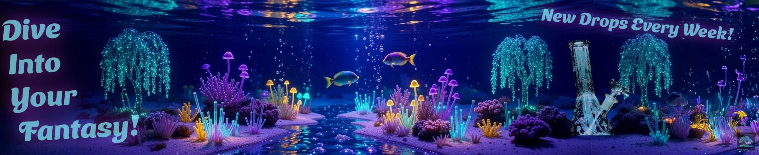 Underwater scene with glowing plants and fish, promotional text for 'New Drops Every Week'.