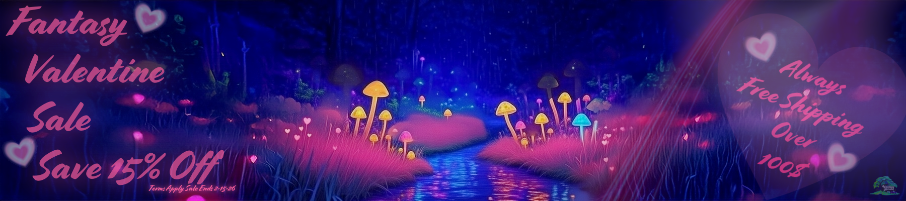 Neon sign with 'Fantasy Valentine Sale Save 15% Off' and glowing mushrooms in a dark, fantasy-themed setting.