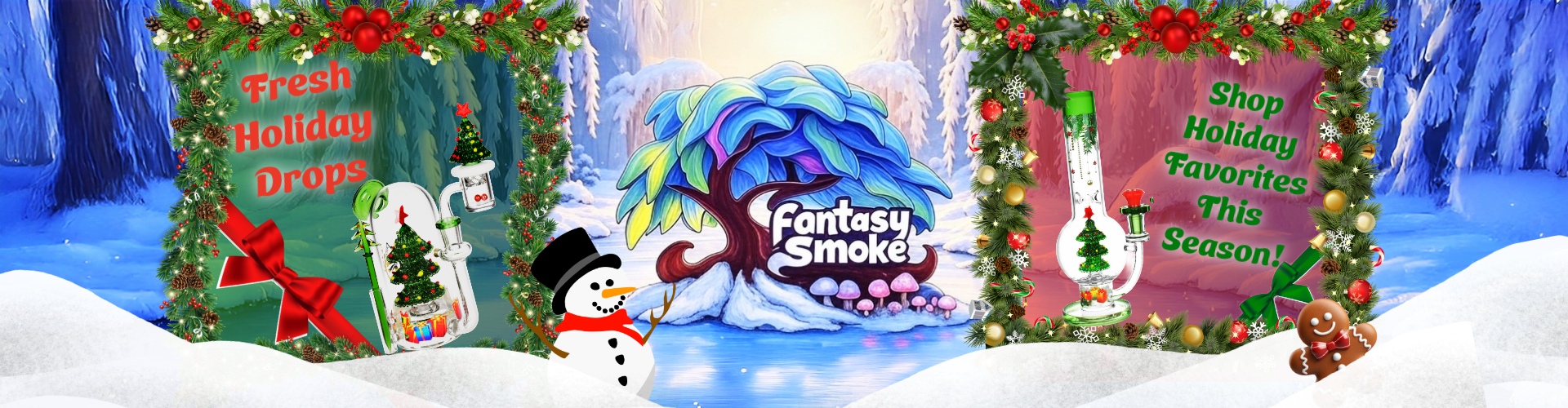 Fantasy Smoke holiday-themed product display with Christmas decorations and snowman.
