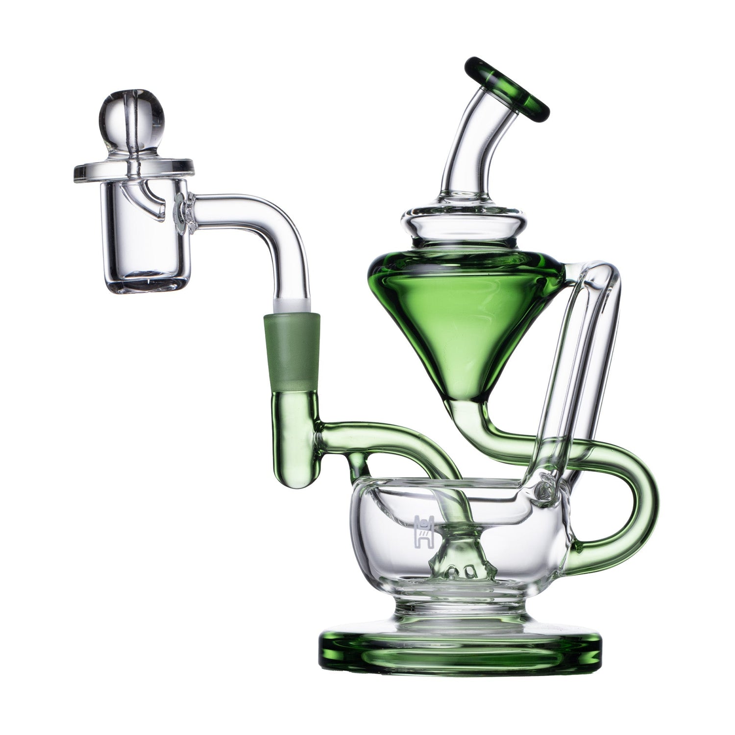 Glass smoking device with green accents on a white background