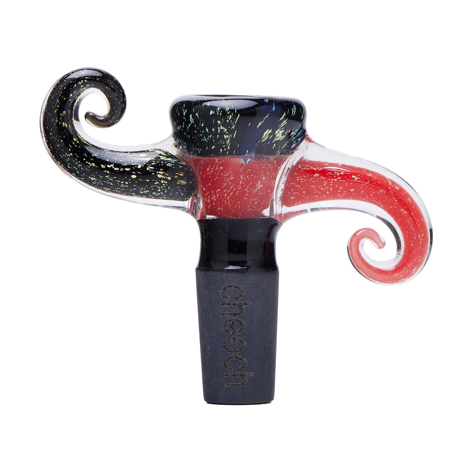 Glass pipe with red and black design on a white background