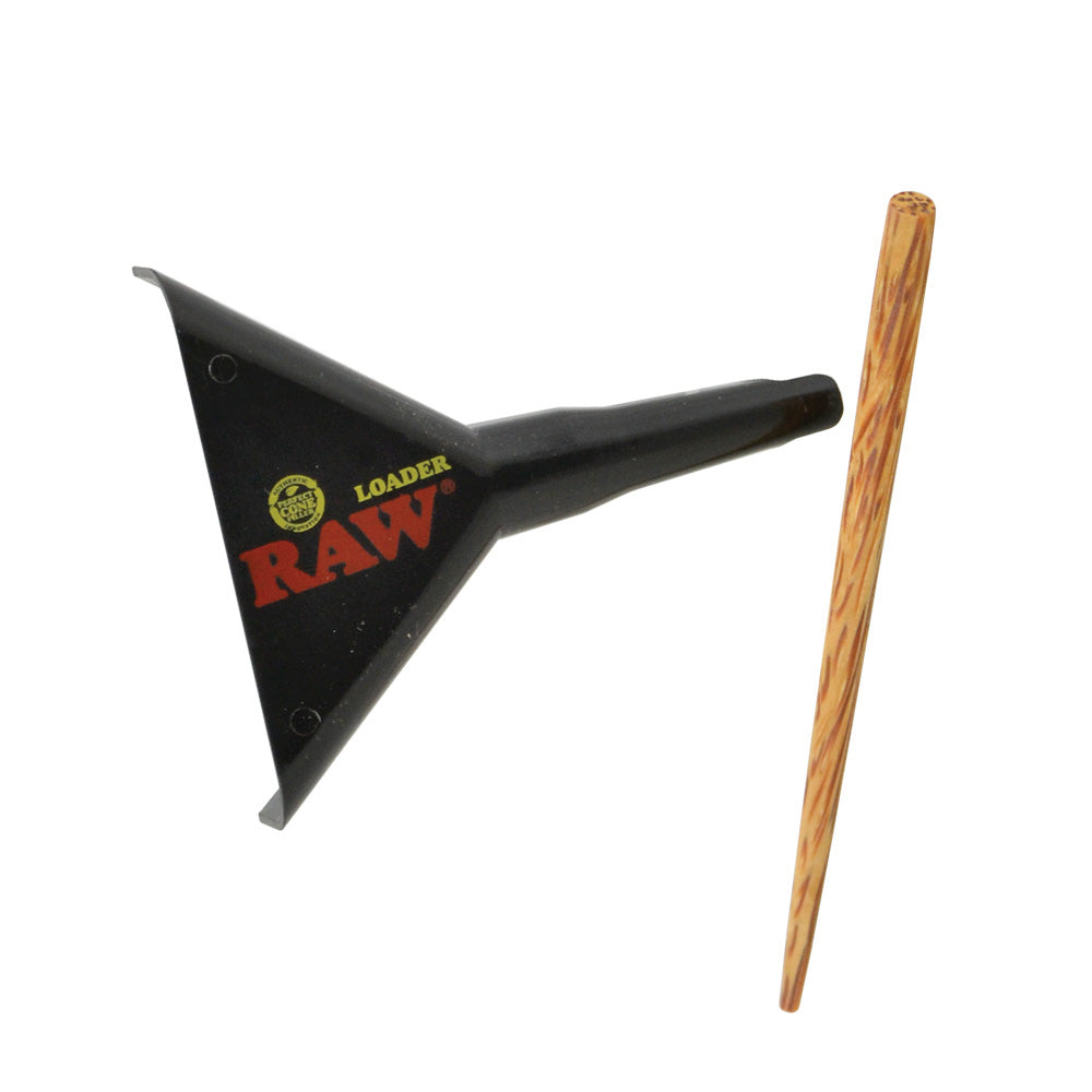 Black funnel with 'RAW' branding and a wooden tool on a white background