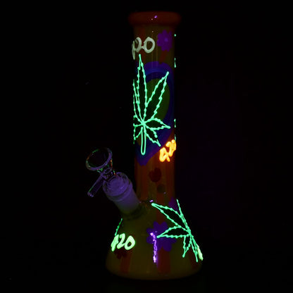 Hemp Leaf Glow In The Dark Beaker Glass Bong - 9.25"