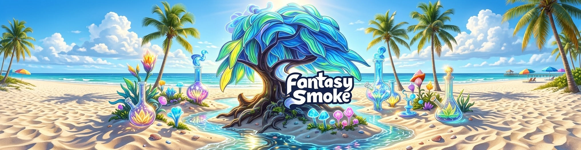 Fantasy Smoke logo on a tropical beach with palm trees and ocean.